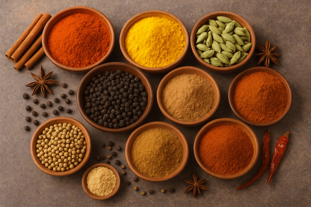 Journey of spices: A colorful assortment of spices in bowls, highlighting their variety, textures, and vibrant colors.