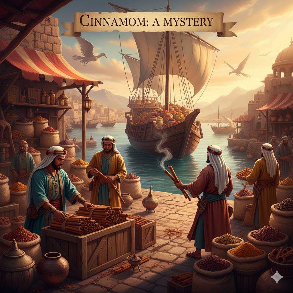Sous un ciel chaud et brumeux, une scène de port ancien grouille d’activité. Au premier plan, des hommes en tenue traditionnelle trient et échangent des bâtons de cannelle rangés dans des caisses, entourés de sacs débordant d’épices colorées. À l’arrière-plan, un grand voilier en bois, dont le pont est lui aussi couvert d’épices, est amarré près d’autres embarcations plus petites, tandis que des bâtiments lointains complètent ce marché animé. Une bannière en hauteur affiche : « CANNELLE : UN MYSTÈRE ».   