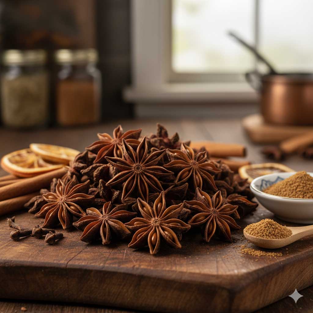 Close-up of Badiane of Vietnam star anise pods on a wooden table.