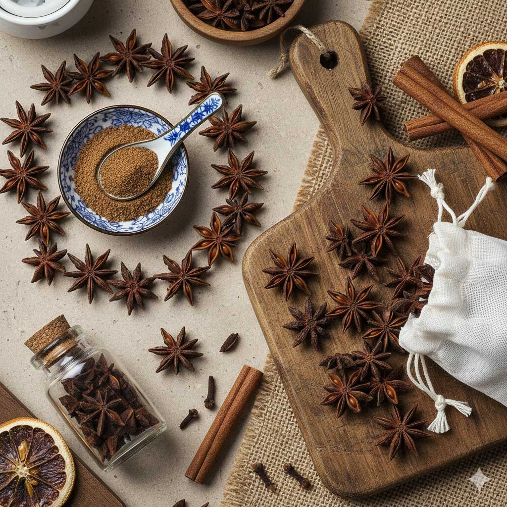 Aromatic Badiane of Vietnam spice being added to a simmering dish.