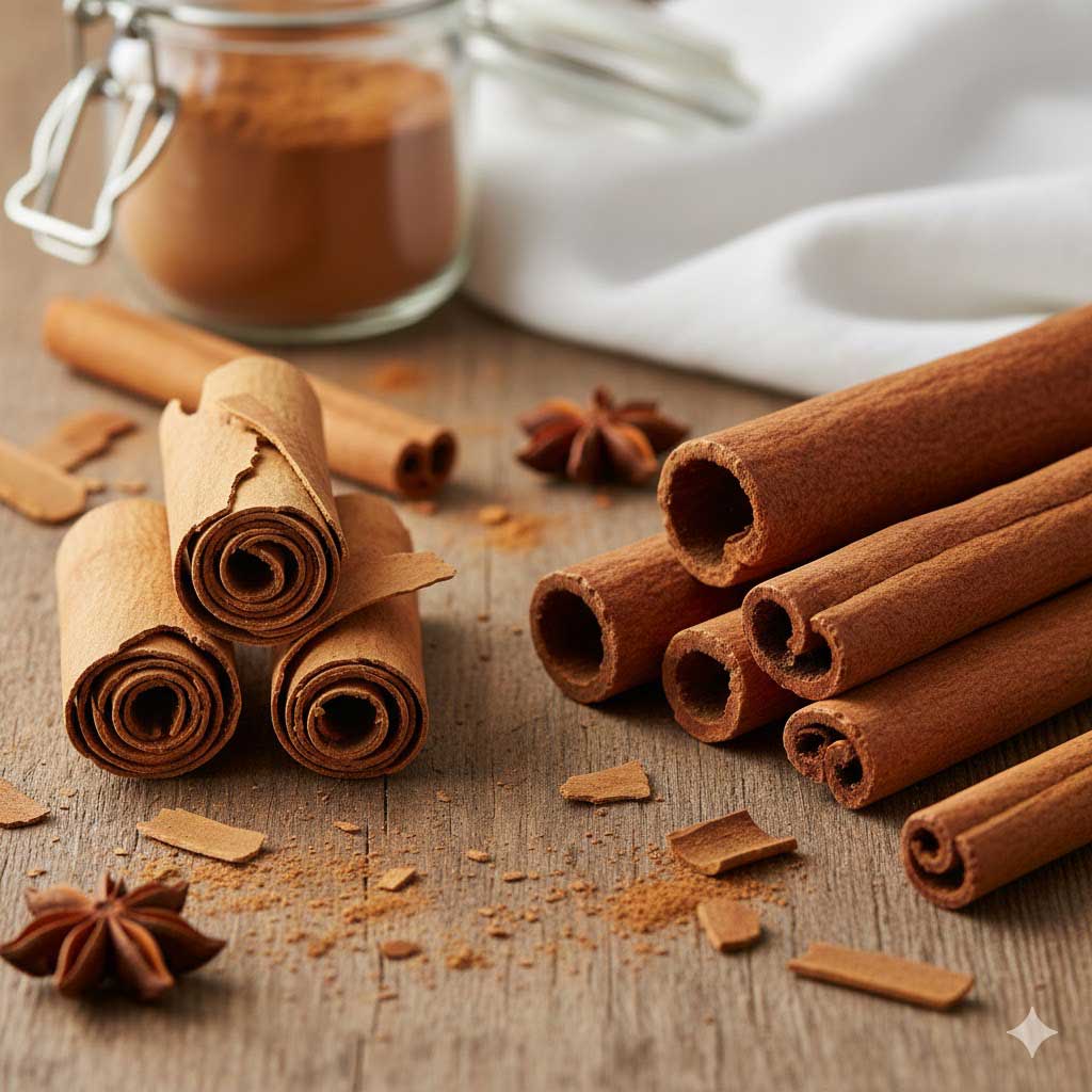 A close-up shot on a rustic wooden surface showcases two distinct types of cinnamon sticks. On the left, delicate, multi-layered Ceylon cinnamon quills are visible, with some broken flakes and powder. On the right, thicker, robust Cassia cinnamon sticks are grouped. In the background, a jar of ground cinnamon and a white cloth are softly blurred. Star anise pods and scattered cinnamon powder complete the aromatic scene.    