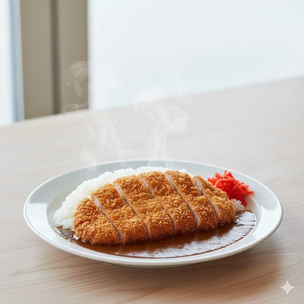 Plate of Katsu Curry featuring a sliced, deep-fried breaded pork cutlet, generously topped with thick, dark brown Japanese curry sauce, served over steaming white rice with red pickled ginger.