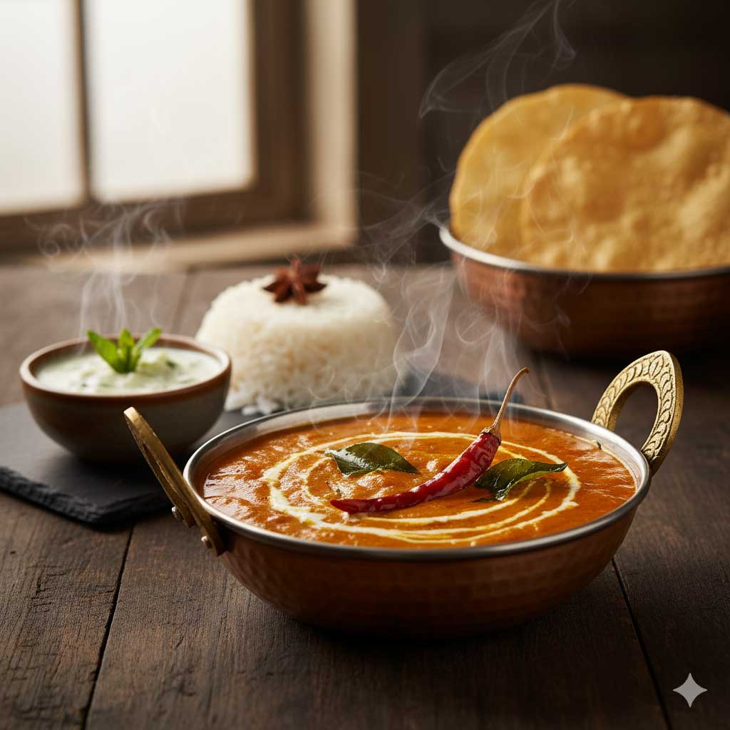 Un bol fumant de curry de Madras, reconnaissable à sa couleur rouge-orangé intense et épicée, garni de piments rouges séchés et de feuilles de curry, servi avec du riz basmati et un raita rafraîchissant.