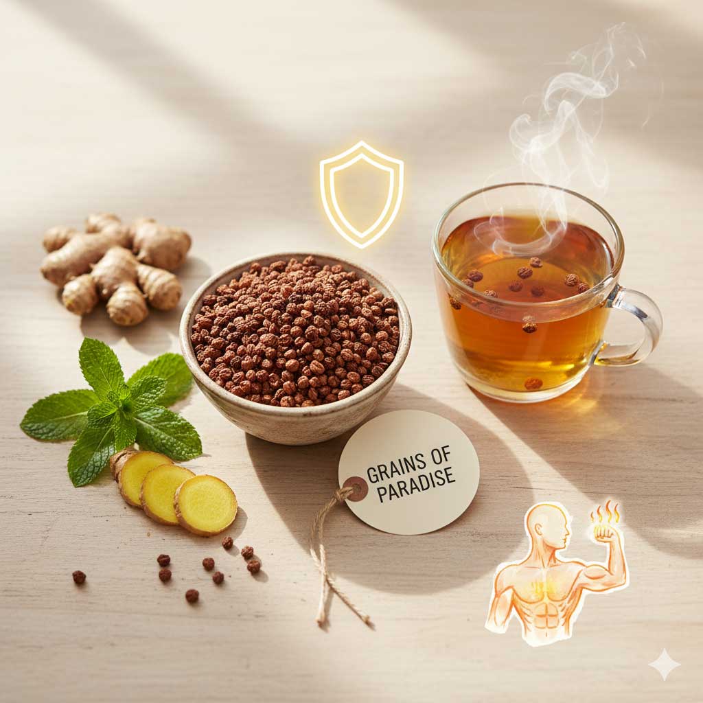 Gros plan sur l'épice Maniguette, mettant en valeur leur texture et leur couleur brun rougeâtre.