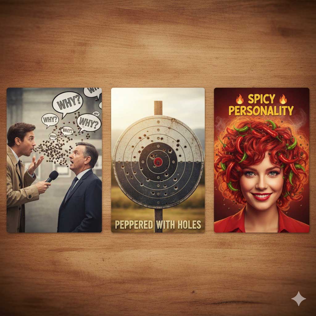 Une image d'épices en trois volets posée sur un fond en bois.<br>Le panneau de gauche montre un journaliste bombardant quelqu’un de questions, représenté par des grains de poivre s’échappant de sa bouche, avec des bulles de dialogue affichant « POURQUOI ? ».<br>Le panneau central présente un panneau de tir marqué de multiples impacts de balles, légendé « PARSEMÉ DE TROUS ».<br>Le panneau de droite montre une femme souriante aux cheveux rouge vif, décorés de piments verts et rouges, avec le titre « PERSONNALITÉ PIQUANTE », et des flammes illustrant parfaitement la manière dont les épices sont utilisées dans le langage.   