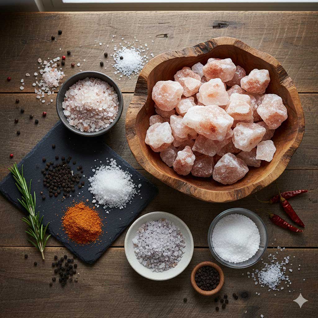 Une surface rustique en bois est couverte de différents types de sel, de grains de poivre et d’épices. Un grand bol en bois contient de gros morceaux de sel rose de l’Himalaya. De plus petits bols et tas renferment des cristaux de sel rose, du sel de mer blanc, du sel gris et du sel fin blanc de table. Une ardoise noire présente des grains de poivre noir, du paprika orange et un brin de romarin. Des piments rouges séchés et des épices en vrac sont éparpillés autour de l’ensemble.    