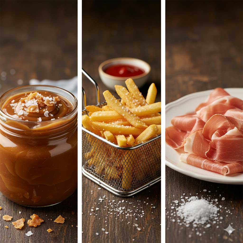 Un collage vertical en trois panneaux sur un fond de bois foncé met en lumière l'utilisation du sel dans divers plats. Le panneau de gauche montre un pot de caramel au beurre salé onctueux, coiffé de flocons de fleur de sel et de brisures. Le panneau central présente des frites dorées et croustillantes dans un panier métallique, généreusement assaisonnées de sel, avec un petit bol de ketchup en arrière-plan. Le panneau de droite affiche de fines tranches de jambon cru (prosciutto) sur une assiette blanche, avec un tas de gros sel à côté.   
