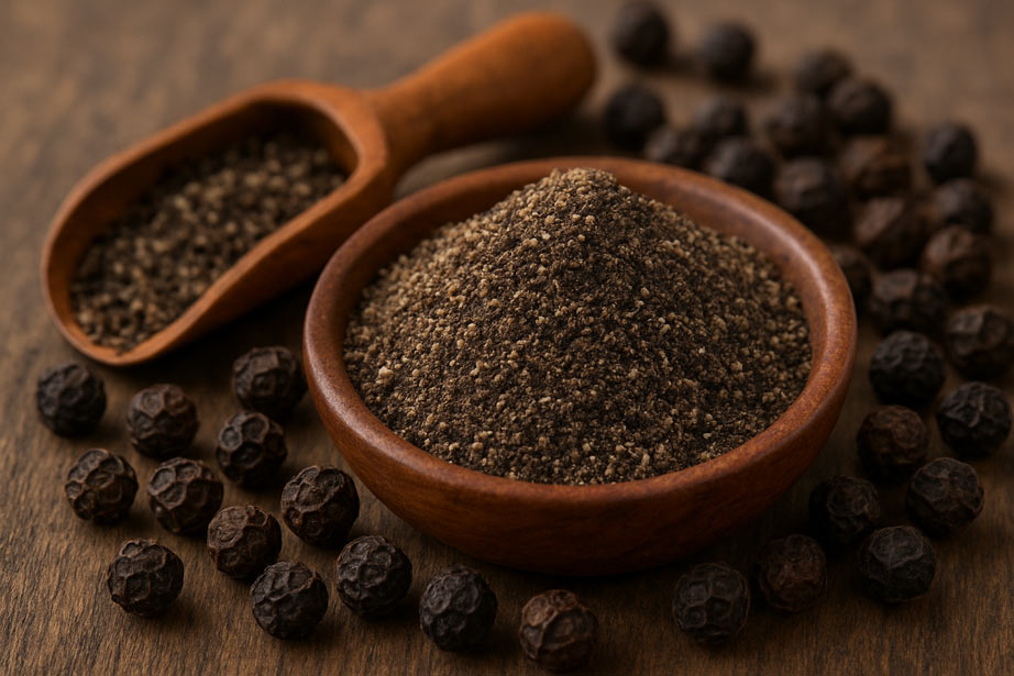 Tellicherry Black Pepper in a bowl with whole peppercorns on a table