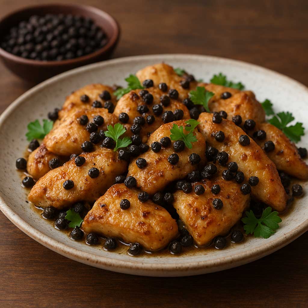 Plate of chicken seasoned with Tellicherry Black Pepper