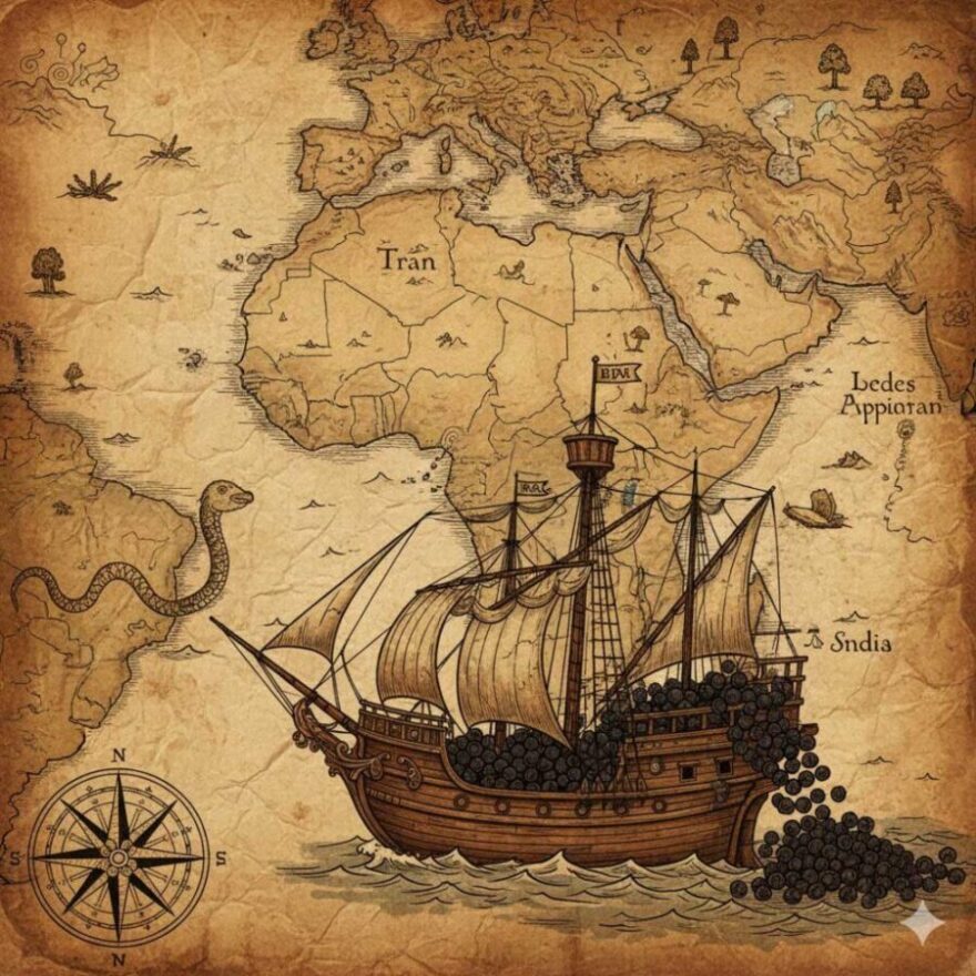 An old, crumpled map in sepia tones depicts Africa, Europe, and Asia, with a large 15th-century sailing ship in the ocean. The ship is overflowing with giant black pepper, some spilling into the water. A snake-like sea monster is visible to the left, and a compass rose is in the bottom left corner. The map is labeled with "Salt Roads" and "Salarium - Pagamentum Sal."