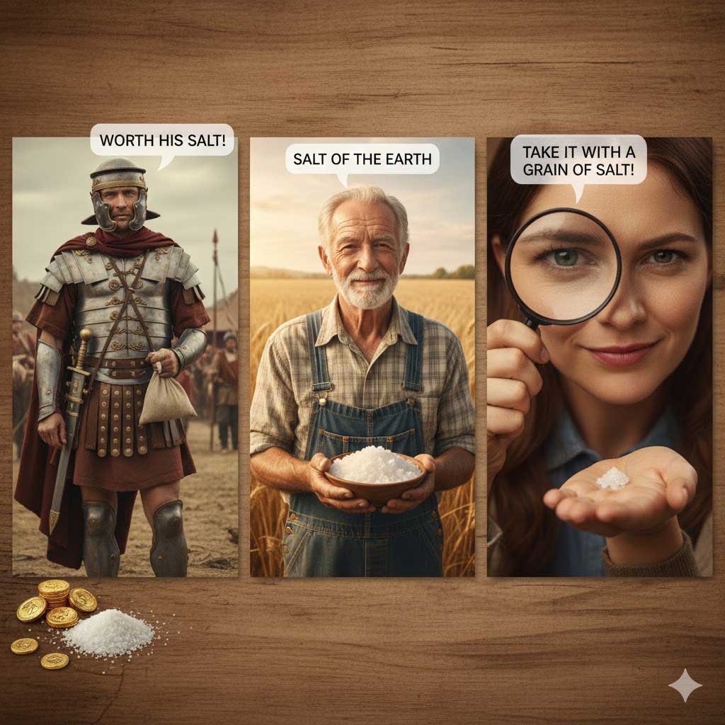 Une image d'épices en trois volets posée sur un fond en bois.<br>Le panneau de gauche montre un soldat romain en armure tenant un sac, avec une bulle où l’on peut lire : « IL EN EST DIGNE ! ». À ses pieds, des pièces d’or et un tas de sel.<br>Le panneau central présente un fermier âgé, en salopette, tenant un bol de sel dans un champ de blé, avec une bulle disant : « LE SEL DE LA TERRE ».<br>Le panneau de droite montre une femme examinant une pincée de sel dans sa main à l’aide d’une loupe, avec une bulle indiquant : « À PRENDRE AVEC DES PINCETTES ! ».<br>L’ensemble illustre la manière dont les épices sont utilisées dans le langage.     
