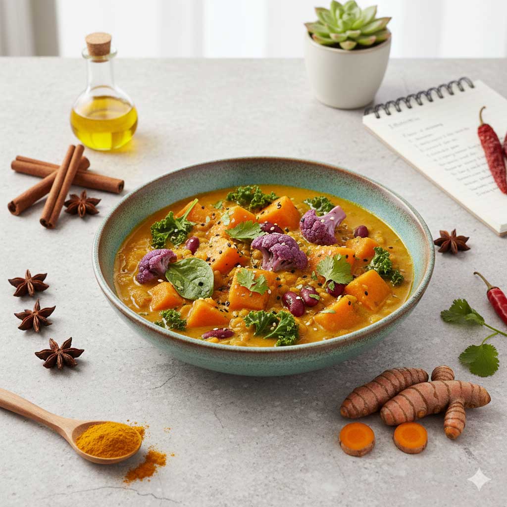 Purple cabbage curry soup highlighting Holistic Curry Nutrition benefits.