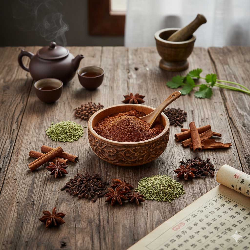 Bol contenant les cinq épices chinoises, entouré d’autres épices incontournables de la cuisine chinoise.