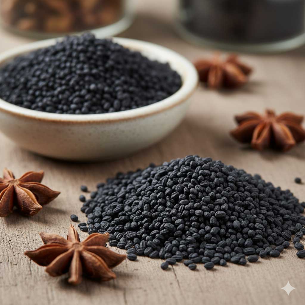 Close-up of black Nigelle seeds in a wooden bowl.