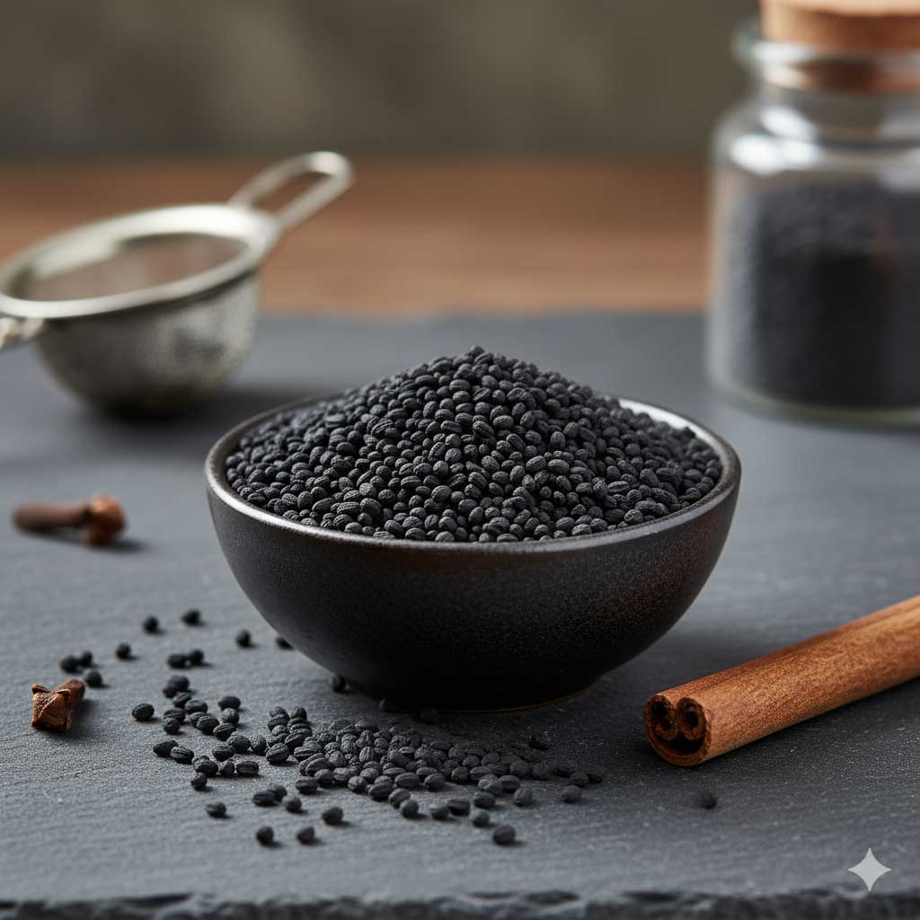 Small glass jar filled with Graines de Nigelle seeds on a kitchen counter.