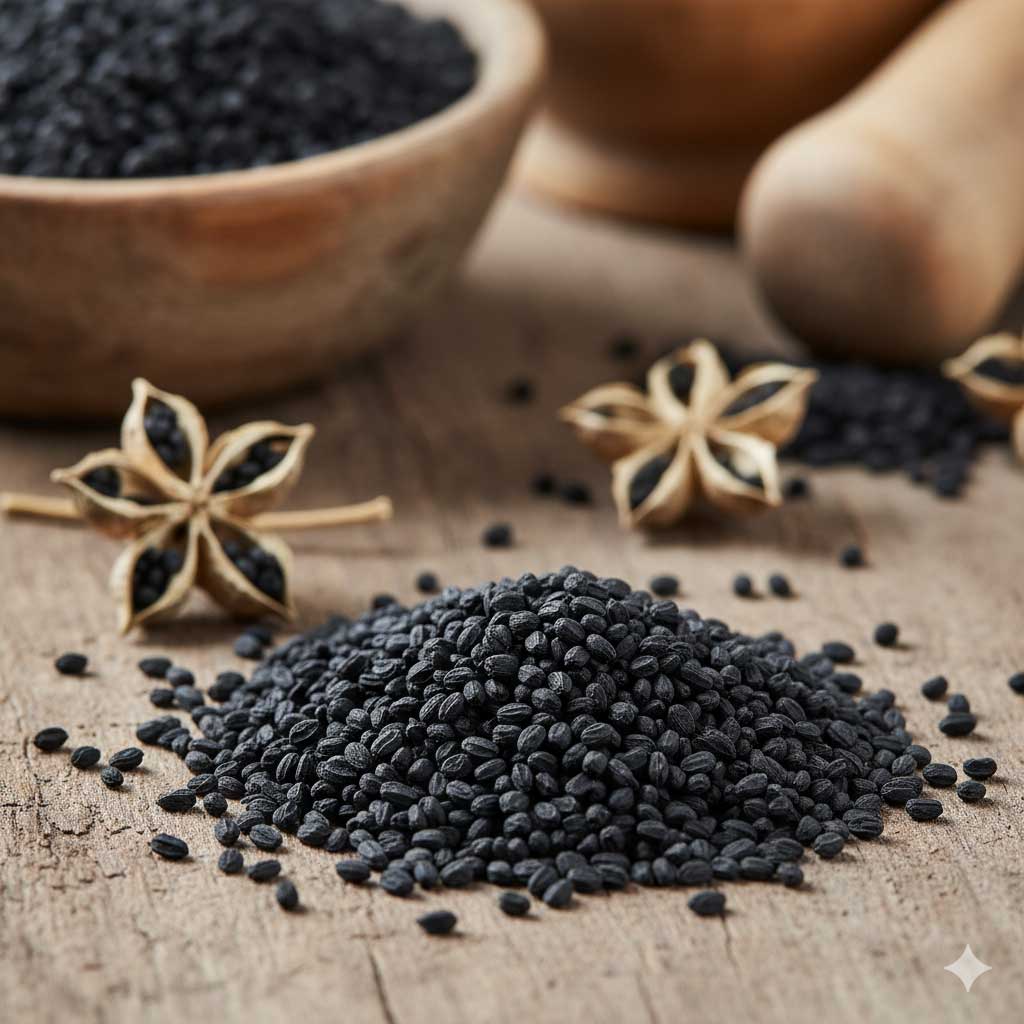 Nigelle seeds sprinkled on a healthy salad for flavor.