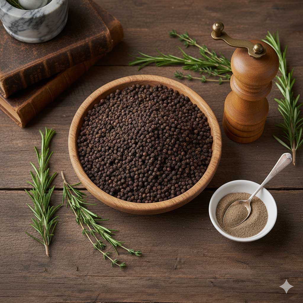 Gros plan sur des grains de poivre, révélant toute leur texture et leur richesse aromatique.