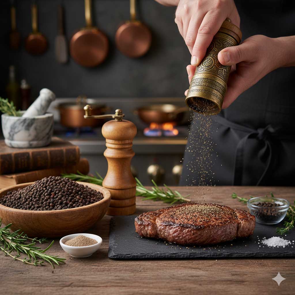 Steak grillé assaisonné de poivre pour obtenir une croûte aromatique et intense.