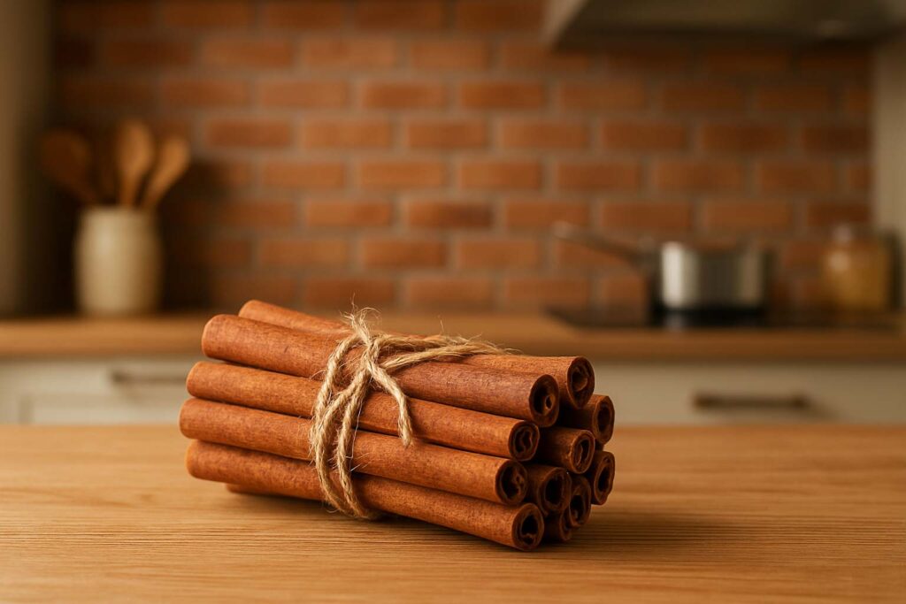 Des bâtons de cannelle sur une table de cuisine, mettant en valeur le riche arôme, la saveur et les bienfaits naturels de cette épice pour la cuisine et le bien-être.