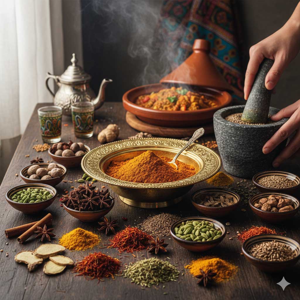 table with many different powder spices