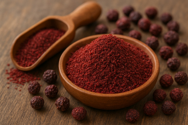Baies de sumac entières et poudre de sumac dans un bol