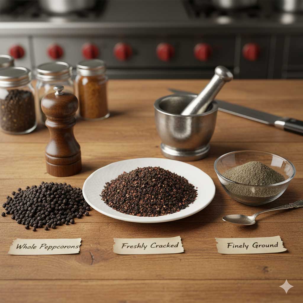 Grain de poivre noir entier présenté seul pour mettre en valeur sa pure qualité d’épice.