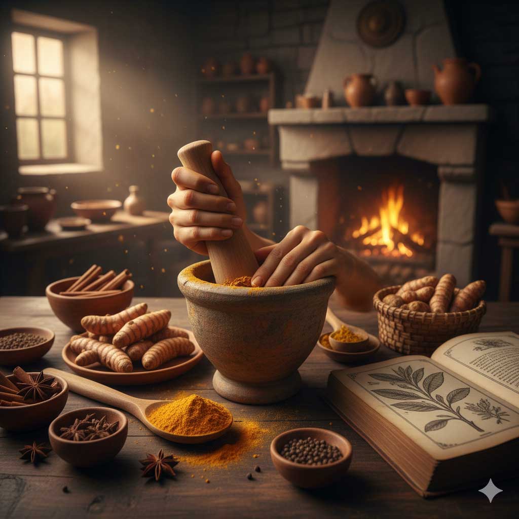 Hand crushing fresh turmeric in a traditional mortar