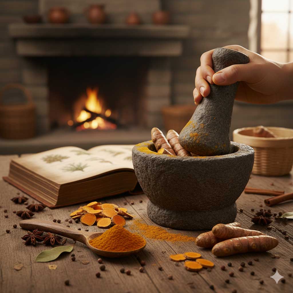 Mortar with vibrant turmeric powder ready for grinding