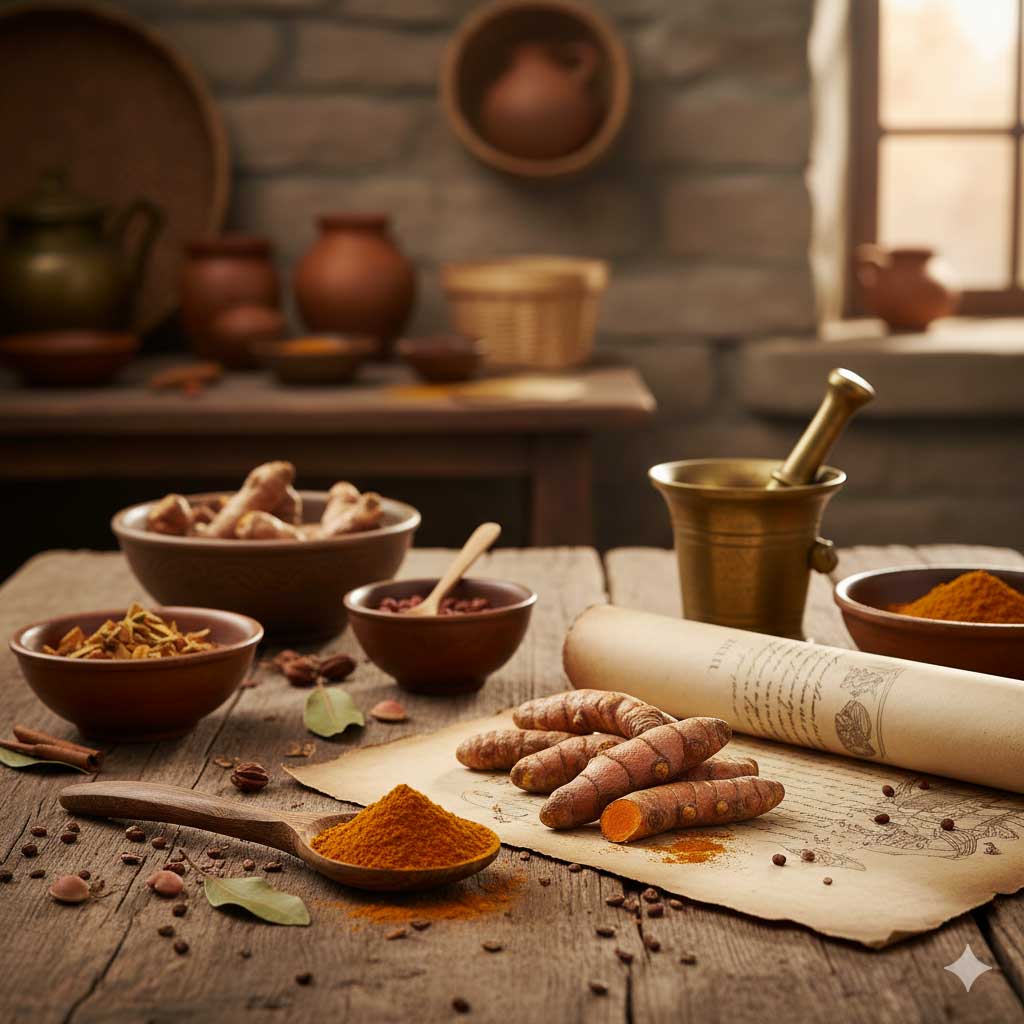 Bright turmeric roots displayed before being ground for turmeric history month